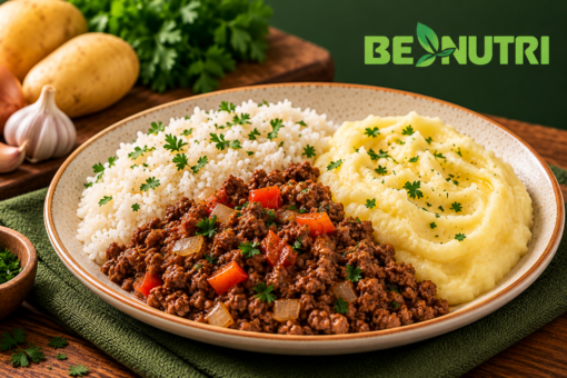 Carne moída com purê de batata e arroz branco-350gr